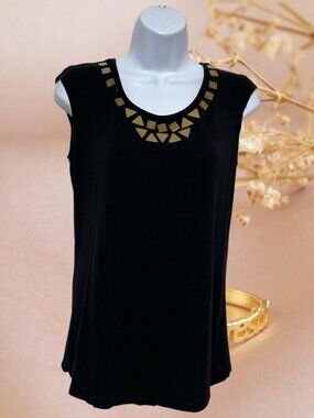 Worthington-Women's Petite Medium Black Sleeveless Top Neckline-Gold Accents